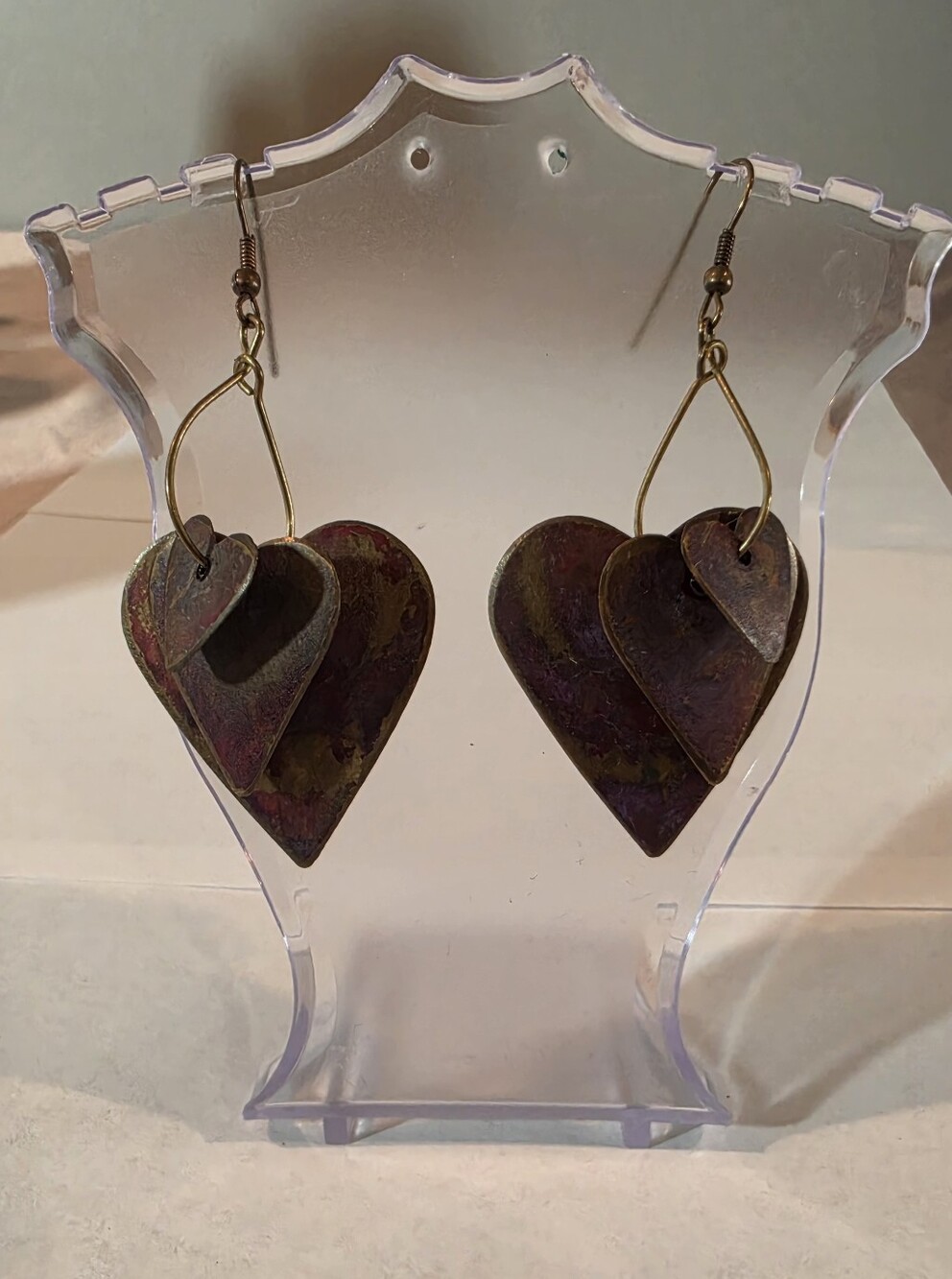 Vintage Rustic Metal Multi-Tone Heart Drop Earrings